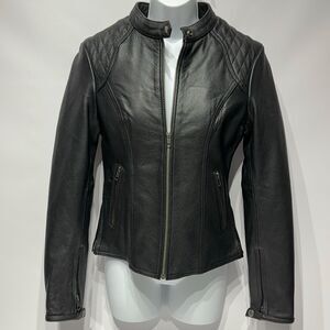 VTG First Manufacturing Black Leather Moto Jacket Removable Lining Women Size S